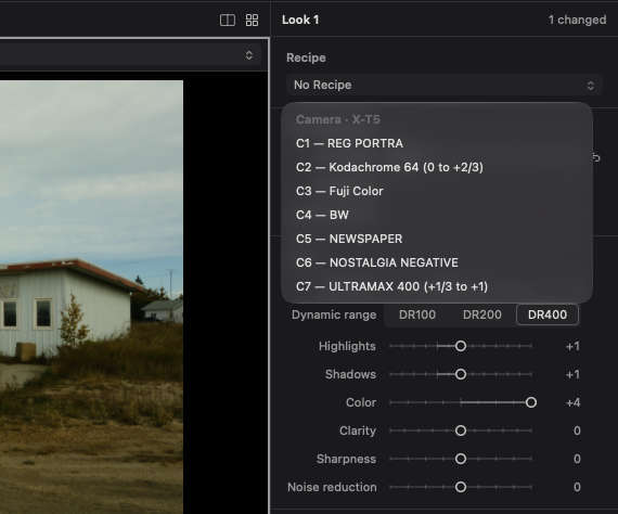 The open C1–C7 camera recipe menu within the adjustments inspector, alongside part of the photo preview and tonal controls.