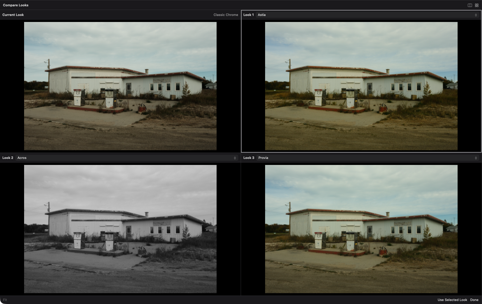 Four camera-rendered versions of the same gas station photo in Fujista Studio’s Compare Looks view, including color and black-and-white looks.